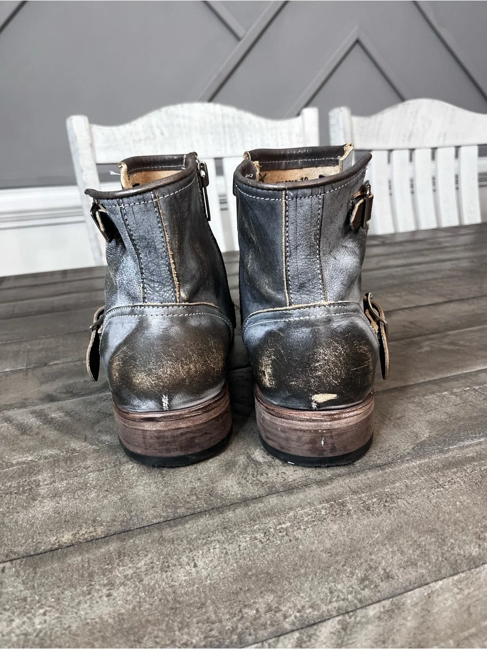 Freebird Railroad Rugged Men's Gray Leather Buckle Zipper Distressed Boots 10